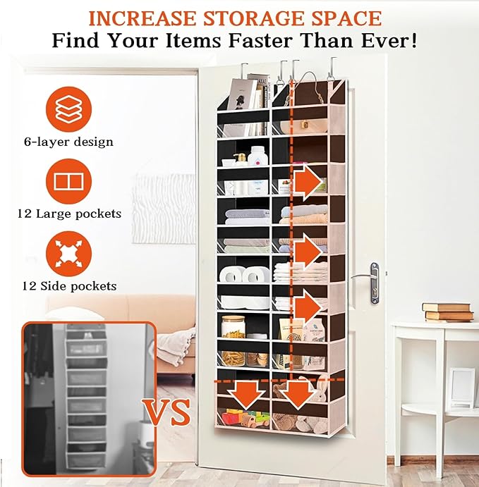 Over The Door Organizer 6 Tiers, Extra Large Behind Door Storage of 12 Compartments, 80 lbs Weight Capacity Hanging Storage Organizer with Clear Window Kids Toys, Shoes, Diapers, Room Storage,Black