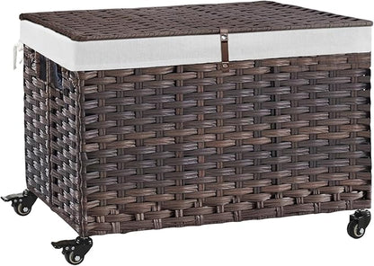 Rolling Storage Basket with Lid, 47.6 Gallon (180L) Storage Bin with Wheels, Woven Rattan Blanket Storage Basket with Handles, Foldable, Metal Frame, Removable Liner for Bedroom, Laundry Room, Brown