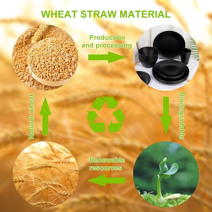 32pc Reusable Black Wheat Straw Dinnerware Sets Black Dishes