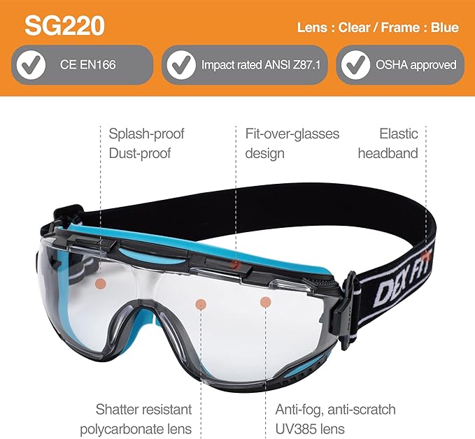 DEX FIT Protective Safety Goggles SG220; Anti Fog & Scratch, Z87 Eye Protection for Lab, Science, and Chemistry Work, Adjustable for Women and Men, (Black & Blue Frame, Clear Lens, 30cm Strap)