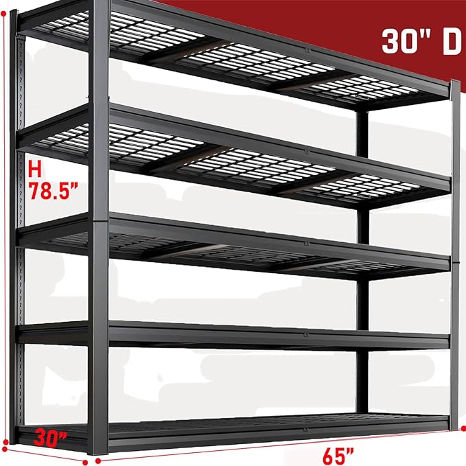 65" W Garage Shelving Heavy Duty, 5 Tier Garage Shelves, 30" D Adjustable Storage Shelving Unit, Commercial Metal Shelf for Warehouse, Pantry, School, Shop, 68" Wx30 Dx79 H, 2 Pack