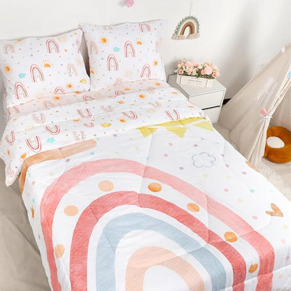 Twin Size Toddler Bedding Set for Girls- 5 Piece Rainbow Toddler Girl Bedding, Super Soft & Lightweight Toddler Comforter Set Includes Comforter, Flat Sheet, Fitted Sheet, Pillowcase (Pink)