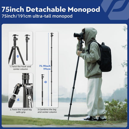 Fotopro 73" Carbon Fiber Tripod for Camera, Compact Travel Tripod with Ball Head, Detachable Monopod with Quick Release Plate and Camera Bag, Load up to 22lbs/10KG