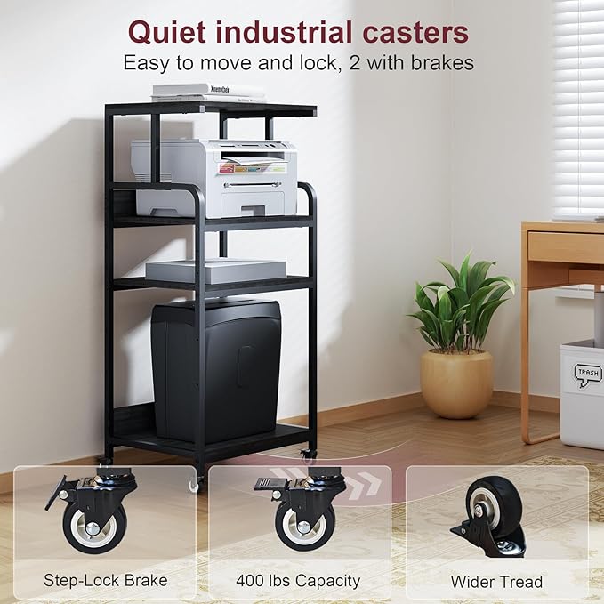 4 Tier Printer Stand with Storage Shelf, Large Tall Printer Table for Home Office, Mobile Printer Cart with Industrial Wheels for Paper Shredder Scanner Fax Heat Press Small Space Organization (Black)