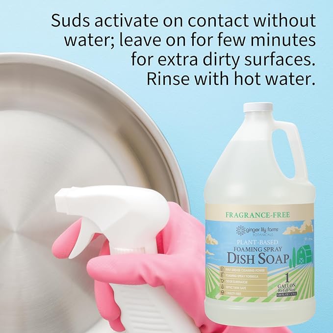 Ginger Lily Farms Botanicals Plant-Based Foaming Spray Dish Soap, Concentrated Formula with Max Grease Cleaning Power, Cruelty-Free, Fragrance-Free, 1 Gallon Refill (128 Fl Oz)