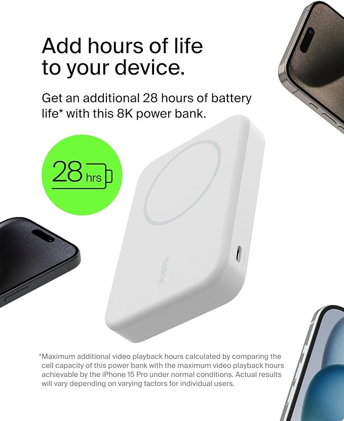 Belkin Portable Charger, Wireless Power Bank 15W 8000 mAh w/ Qi2 - MagSafe Charger w/Built-in Pop-up Kickstand - iPhone 17, Air, Pro, Pro Max, AirPods, Apple Watch, Google Pixel 10, etc. - White