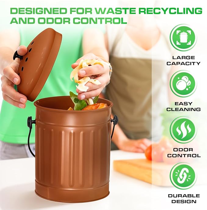 Plexon Countertop Compost Bin Kitchen Indoor, with Lid, Copper 1.5 Gallon Odorless Kitchen Compost Container, Steel Food Bucket Pail with Charcoal Filter, Bronze