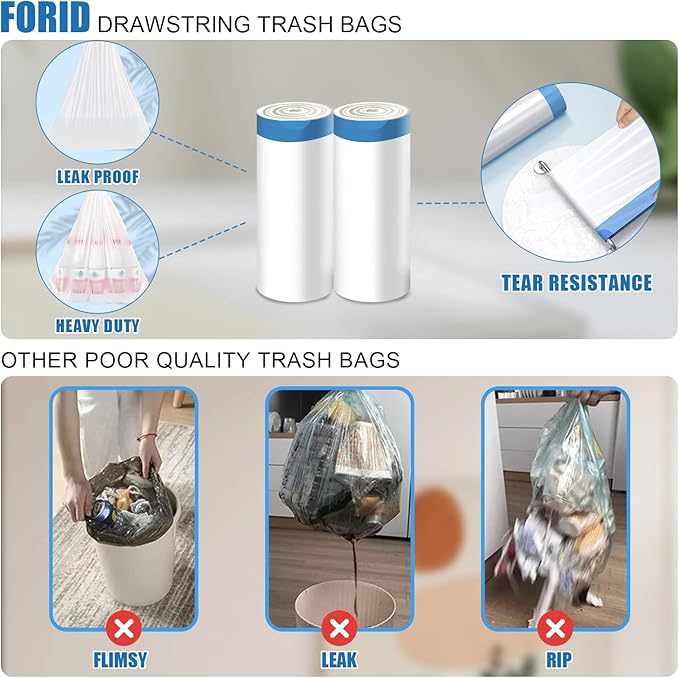 FORID Small Drawstring Trash Bags - 6 Gallon Plastic Trash Bags Heavy Duty White Trash Can Liners 60 Count Unscented Bin Bags for Kitchen Bathroom Office Home Bedroom 22 Liter