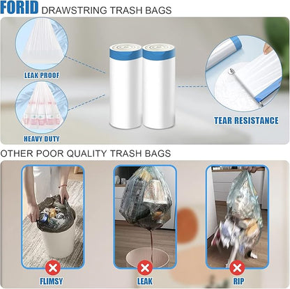 FORID Small Drawstring Trash Bags - 6 Gallon Plastic Trash Bags Heavy Duty White Trash Can Liners 60 Count Unscented Bin Bags for Kitchen Bathroom Office Home Bedroom 22 Liter