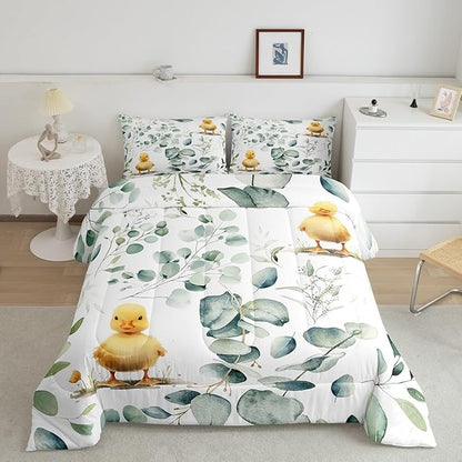 Erosebridal Kids Cute Animal Bedding Queen Size for Girls Boys Cartoon Duck Comforter Set Queen, Spring Eucalyptus Duvet Insert Leaves Quilt Set, Kawaii Farm Animal Bedding Comforters & Sets
