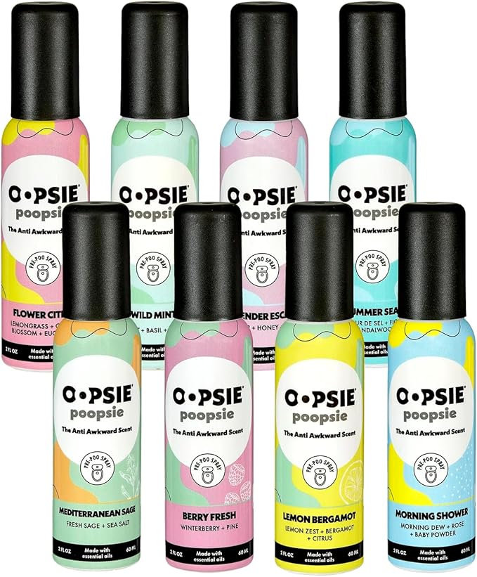 Oopsie Poopsie Pre-Poo toilet spray, discreet & portable original odor deodorizer scents. Pocket-friendly pre-poo spray to use on the go 2oz 8-bottle variety pack for 8-distinct aroma experience