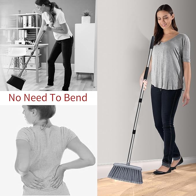 Broom with Dustpan Combo Set Broom and Dustpan Set Dust Pan with 51.2" Stainless Steel Long Handle, Brooms with 5-Layer Plus Firm and Soft Bristles Combine, New Home Apartment Office Essentials