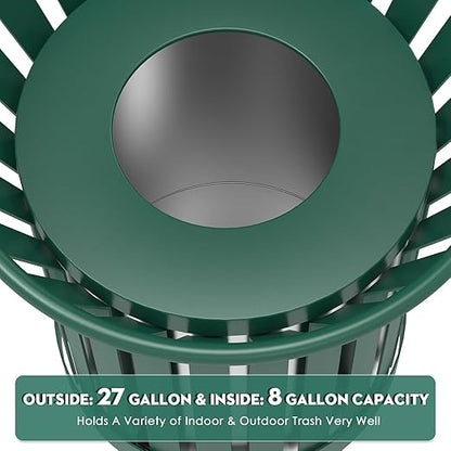 8Gallon/30L Commercial Outdoor & Indoor Metal Trash Can, Outdoor Slatted Trash Receptacle with Metal Linner, All Weather Resistant Large Outside Zone Round Garbage Bin for Street, Park, School - Green