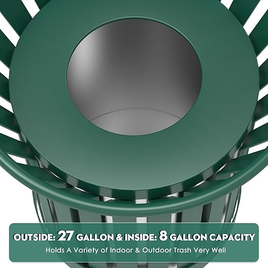 8Gallon Round Large Outdoor Trash Can, Heavy Duty Metal Slatted Garbage Can Outdoor, All Weather Resistant Commercial Garbage Cans, Waste Receptacle in Park, School, Beach, Patio (Green, Medium)