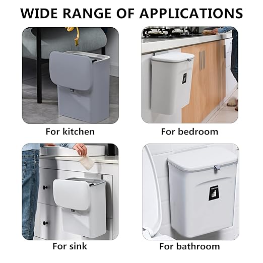 TOPROAD Kitchen Hanging Trash Can, 2.4 Gallon Wall Mounted Counter Waste Compost Bin, Small Garbage Can with Lid for Cupboard/Bathroom/Bedroom/Office/Camping/Under Sink(Grey)