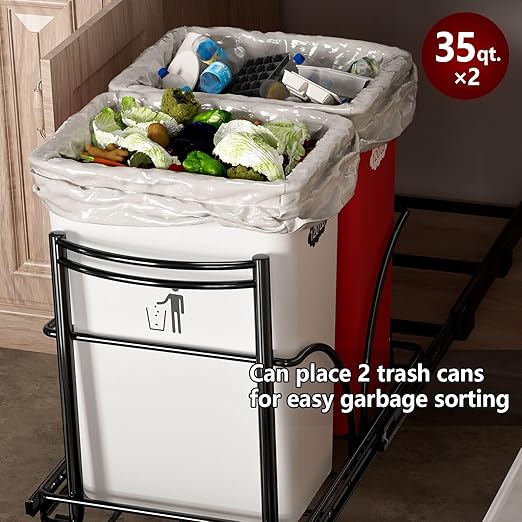 Dual Under Sink Trash Can Heavy Duty Pull Out Trash Can Under Cabinet, Fits 2x35Qt (7-9 Gal) Commercial Trash Cans Cabinet Trash Bin Pull Out Kit Requires ≥ 22''Dx 16''Wx 17''H, No Can (Black)
