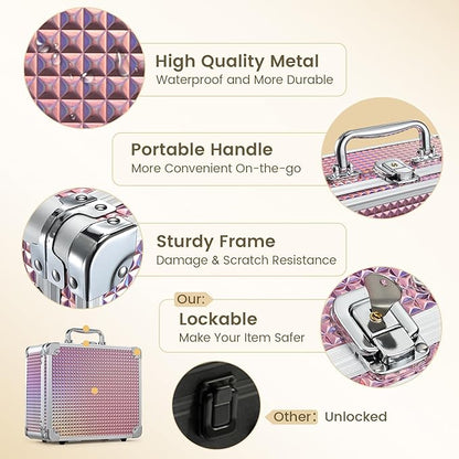 Makeup Case with Magnetic Lighted Mirror Makeup Organizer Box Travel Cosmetic Case with 3 Colors LED Mirror Portable Vanity Make up Suitcase with Lockable Keys Dividers Brush Holder Shiny Pink