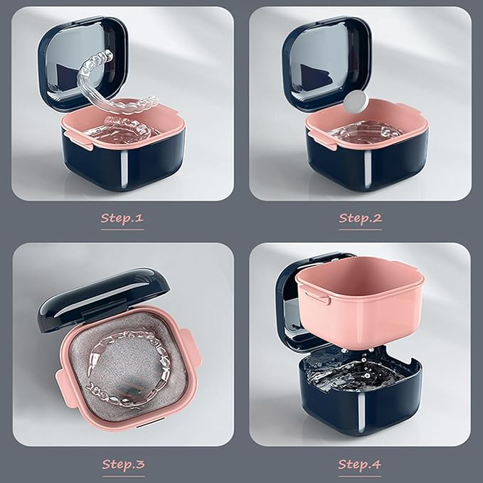 Denture Cup，Retainer Case,Cute Night Mouth Guard Box Holder, Storage Soak Container with Strainer basket for Travel Cleaning.(1 Pack,Black)