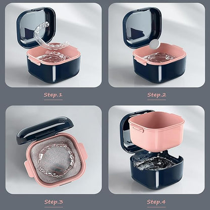 Denture Cup，Retainer Case,Cute Night Mouth Guard Box Holder, Storage Soak Container with Strainer basket for Travel Cleaning.(1 Pack,Black)