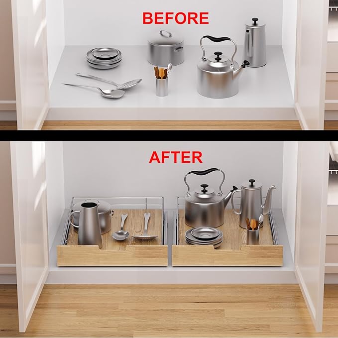 Pull Out Cabinet Organizer,Heavy-Duty Slide Out Shelf, Wood And Wire Basket, Pull Out Drawer for for Kitchen Under Sink Space, Pantry, Bathroom (26 * 21 WM)