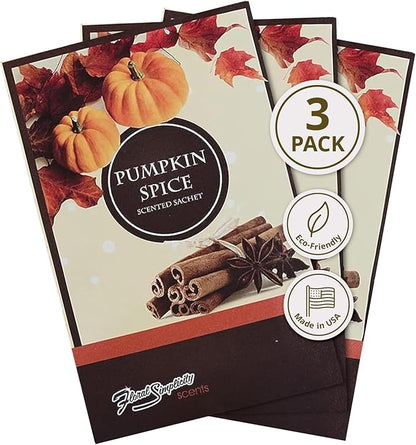 Simplicity Scents Pumpkin Spice Scented Sachets Pack of 3, Fall & Winter - Long-Lasting Scented Bags, Home Fragrance, Air Freshener & Deodorizer for Closet, Room, Drawer, or Cars, Made in USA