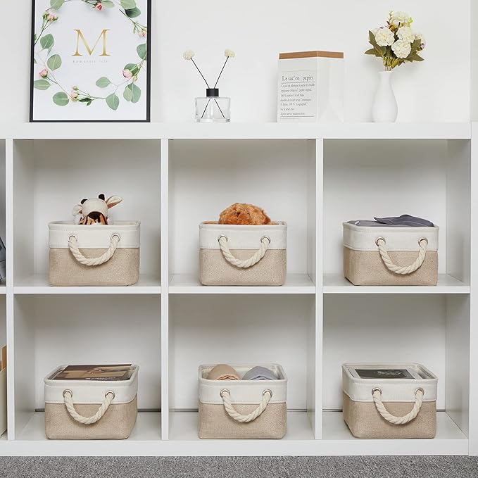 Temary Small Fabric Storage Baskets 6 Pcs Decorative Baskets Bins for Gifts Empty Foldable Storage Basket with Handles for Organizing Shelf, Towels (White&Khaki,11.8 L x 7.9 W x 5.3 H inches)