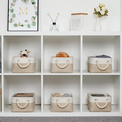Temary Small Fabric Storage Baskets 6 Pcs Decorative Baskets Bins for Gifts Empty Foldable Storage Basket with Handles for Organizing Shelf, Towels (White&Khaki,11.8 L x 7.9 W x 5.3 H inches)