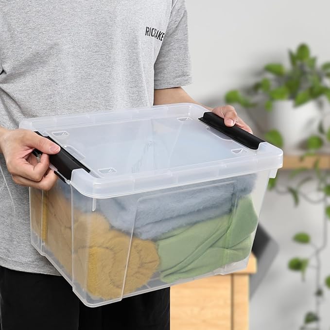22 Qt Latching Storage Box, Stackable Bin with Latch Lid, Plastic Storage Container Tote, Clear, 4-Pack
