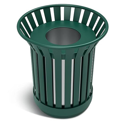 8Gallon/30L Commercial Outdoor & Indoor Metal Trash Can, Outdoor Slatted Trash Receptacle with Metal Linner, All Weather Resistant Large Outside Zone Round Garbage Bin for Street, Park, School - Green