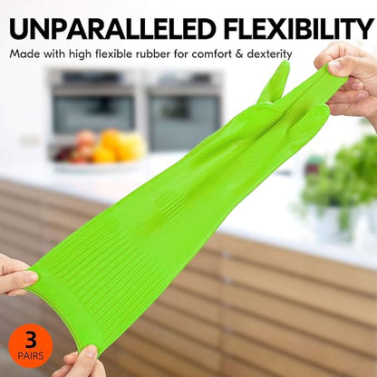 Vgo... 3-Pairs Dishwashing Gloves - Reusable Household, Kitchen, Long Sleeve, Thick Latex, Cleaning, Washing, Working, Painting, Gardening, Pet Care (Size M, Green, RB2143)