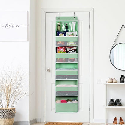 Univivi 6-Shelf Over Door Hanging Organizer Fabric Baby Door Storage with 5 Large Pockets and 3 Small PVC Pockets Wall Mount Hanging Storage Organizers for Baby Essential (Green)