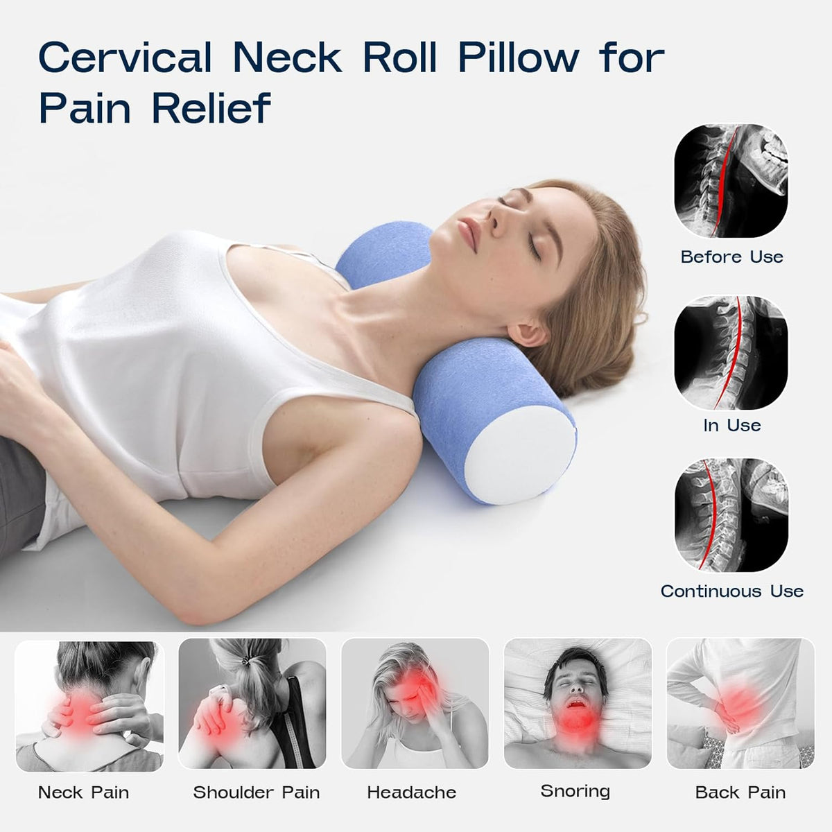 Neck Roll Cervical Pillow for Neck Pain Relief - Memory Foam Neck Pillow for Bed, Round Neck Pillows for Sleeping, 16 * 6.3 * 6.3inch (Blue-White)