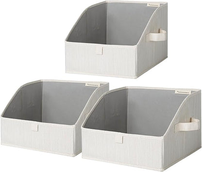 StorageWorks Closet Storage Bins, Trapezoid Organizer Box for Shelves, Fabric Clothes Bin, Foldable Organizing Baskets with Handles, Small, 3-Pack, Mixing of Beige, White & Ivory