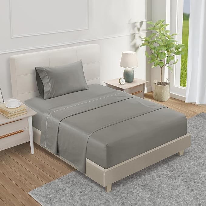 100% Egyptian Cotton XLTwin Sheets Set, 800TC Sateen Weave 3 PC Twin XL Bed Sheets, Fully Elasticated Sheet & Pillowcase Sets, Soft & Comfy No lint Machine Washable Fade Resistant- Silver