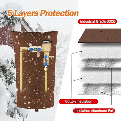 TOHONFOO Backflow Preventer Pipe Insulation Cover (5°F) - Irrigation Sprinkler Valve Insulated Pouch - Water Well Pump Cover - Sturdy 5 Layers for Winter Freeze Protection, 14" W x 26" H, Brown