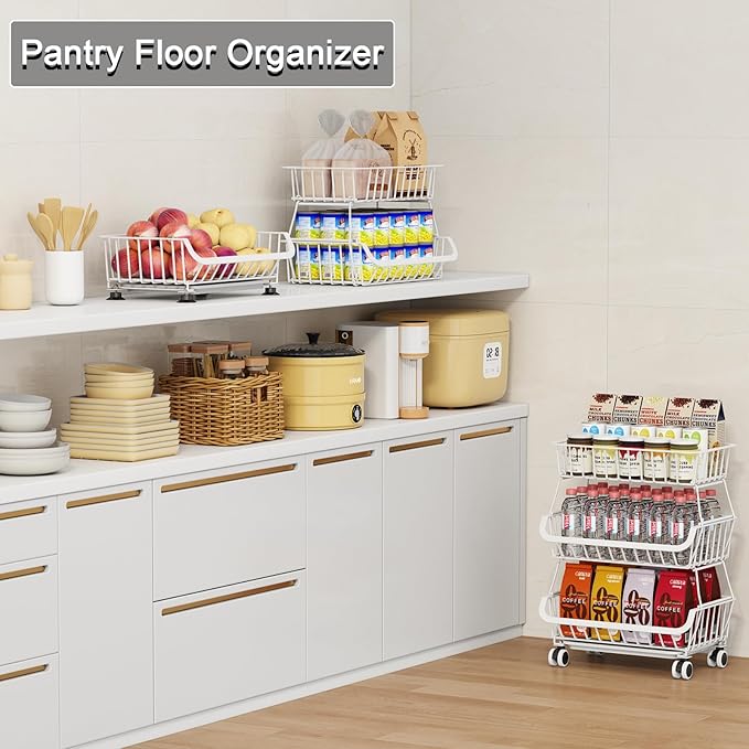 3-Tier Rolling Pantry Floor Organizer, Stackable Pantry Storage Cart with Wheels, Metal Wire Snack Baskets, Kitchen Fruit Basket Stand, Vegetable Storage Rack for Fruits Onions Potatoes Snacks, White