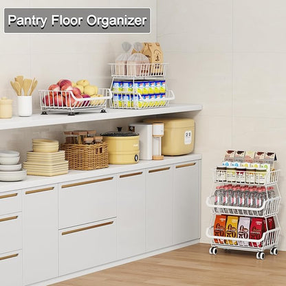 3-Tier Rolling Pantry Floor Organizer, Stackable Pantry Storage Cart with Wheels, Metal Wire Snack Baskets, Kitchen Fruit Basket Stand, Vegetable Storage Rack for Fruits Onions Potatoes Snacks, White