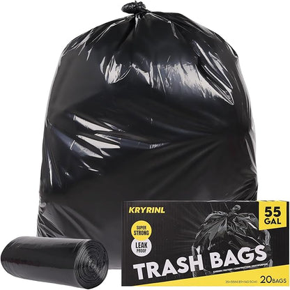 Heavy Duty Extra Large 55 Gallon Black Trash Bags, 1.92 Mil Industrial Garbage Bags for Construction, Waste Disposal,Commercial,Home Use,Out Door 20 Count