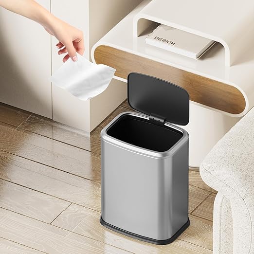 2.1 Gallon Bathroom Trash Can with Lid Press Top, 8 Liter Stainless Steel Garbage Can with Press Type Lid, Slim Trash Bin Waste Basket for Toilet, Office, Bedroom, Living Room (Silver)