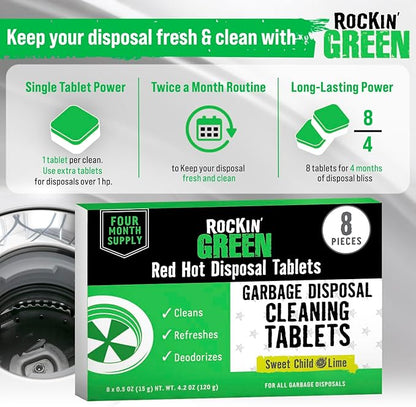 Rockin' Green Deep Cleaning and Deodorizing Tablets for Dishwashers, Washing Machines, and Garbage Disposals, Removes Odor and Residue (Garbage Disposal Cleaning Tablets, 8 Pack)