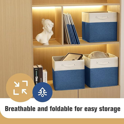 13 x 13 Inch Fine Linen Storage Bins with Handles，Fabric Cube Boxs，Collapsible Basket Organizers for Shelves for Home, Closet Drawers (White/Blue-6 Pack)