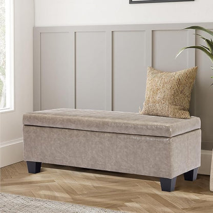 Faux Leather Ottoman with Storage, 42 Inch Rectangular Storage Ottoman Bench with Safety Hinged Lid, Large Upholstered End of Bench for Bedroom Entryway Living Room, Grey