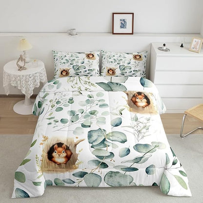 Erosebridal Kawaii Squirrel King Size Comforter Set for Boys Girls Cartoon Animal Bedding Set, Eucalyptus Leaves Down Comforter Jungle Wildlife Bed Set, Tropical Botanical Plants Quilted Duvet