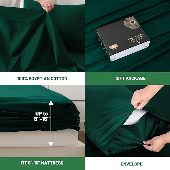 100% Egyptian Cotton Sheets Cal King Sheet Set 1000 Thread Count Sateen Weave Soft Breathable 16-Inch Deep Pocket 4PCS（California King,Dark Green）