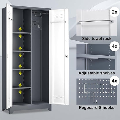 Broom Storage Cabinet, Metal Cabinet with Shelves and Hanging Rod, 72.8" Utility Cabinets with Locking Door, Tall Cleaning Storage for Kitchen, Pantry, Office, Shop, Garage
