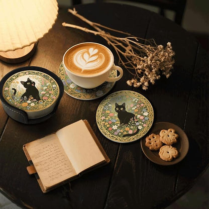 6 Pcs Black Cat Flower Drink Coasters