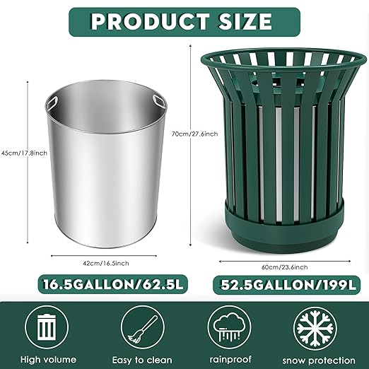 16 Gallon Round Large Outdoor Trash Can, Heavy Duty Metal Slatted Garbage Can Outdoor, All Weather Resistant Commercial Garbage Cans, Waste Receptacle in Park, School, Beach, Patio (Green, Large)