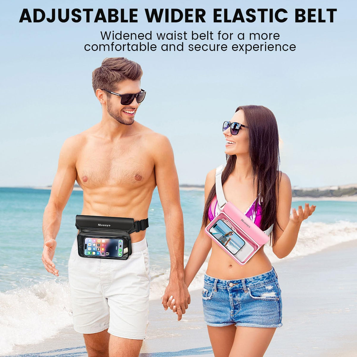 Niveaya IP68 Waterproof Fanny Pack - 2 Pack, Floating Dry Bag Pouch, Phone Waterproof Waist Pouch Dry Bag, Beach, Kayaking, Swimming, Boat Essentials, for iPhone 16/15/14/13/12 Pro Max up to 9.5"