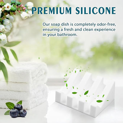 Silicone Soap Dish for Bar Soap Holder for Shower Bathroom Self Draining Waterfall Drying Tray Keep Soap Bars Dry Clean & Easy Cleaning (White, 1)