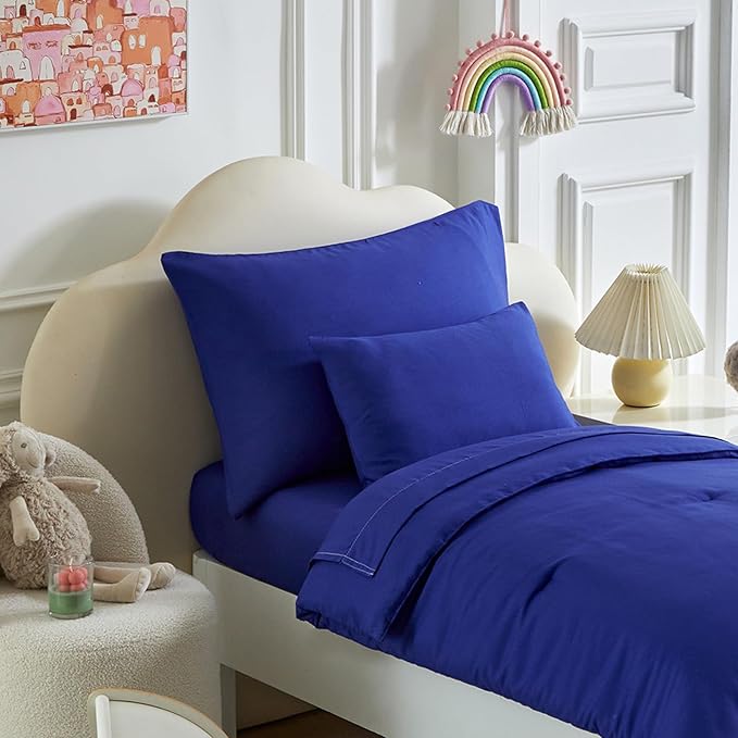 Toddler Bedding Set - 5 Piece Soft and Breathable Toddler Bed Set for Boys and Girls, Includes Quilted Comforter, Fitted Sheet, Flat Top Sheet, Standard Pillowcase and Toddler Pillowcase, Navy